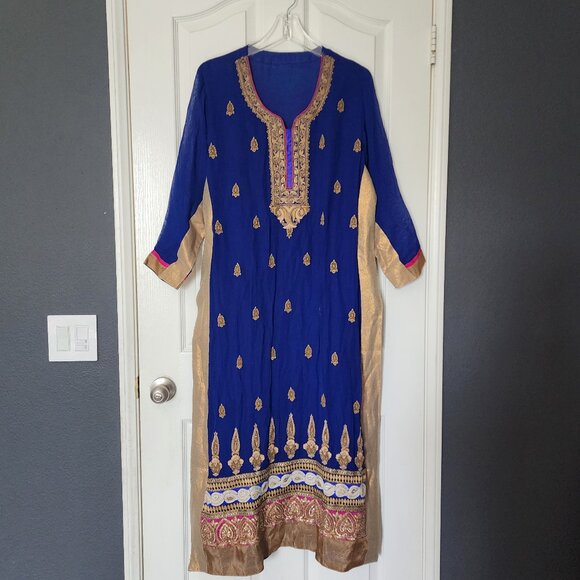 Royal Blue & Gold Embroidered Salwar Kameez Set with Pant-Style Bottoms – Size X - Picture 1 of 4